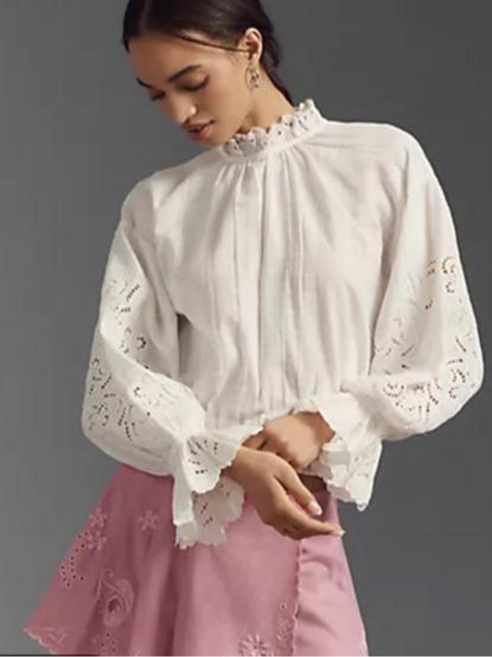 Anthropologie white eyelet blouse with lace trim and ruffled sleeves sm